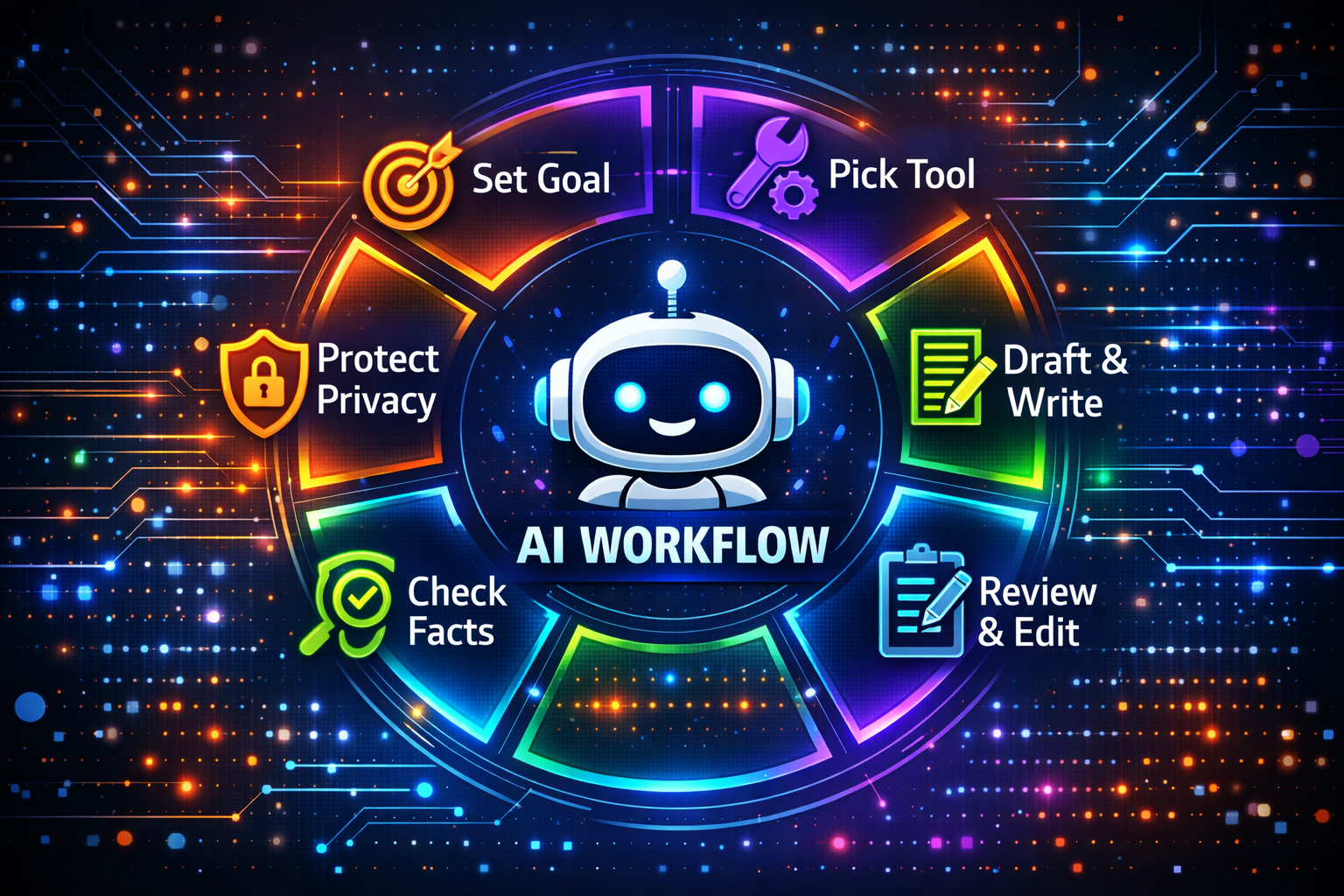 AI impact on daily life 2026 workflow infographic showing steps like drafting, reviewing, fact-checking, and privacy protection