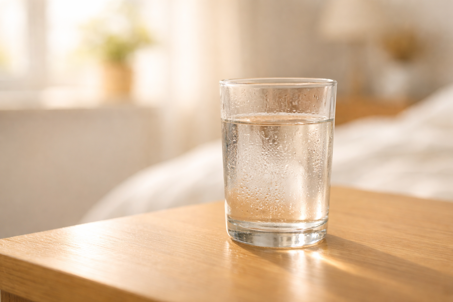 Glass of water as the first step in a 7-minute morning routine for an energy boost