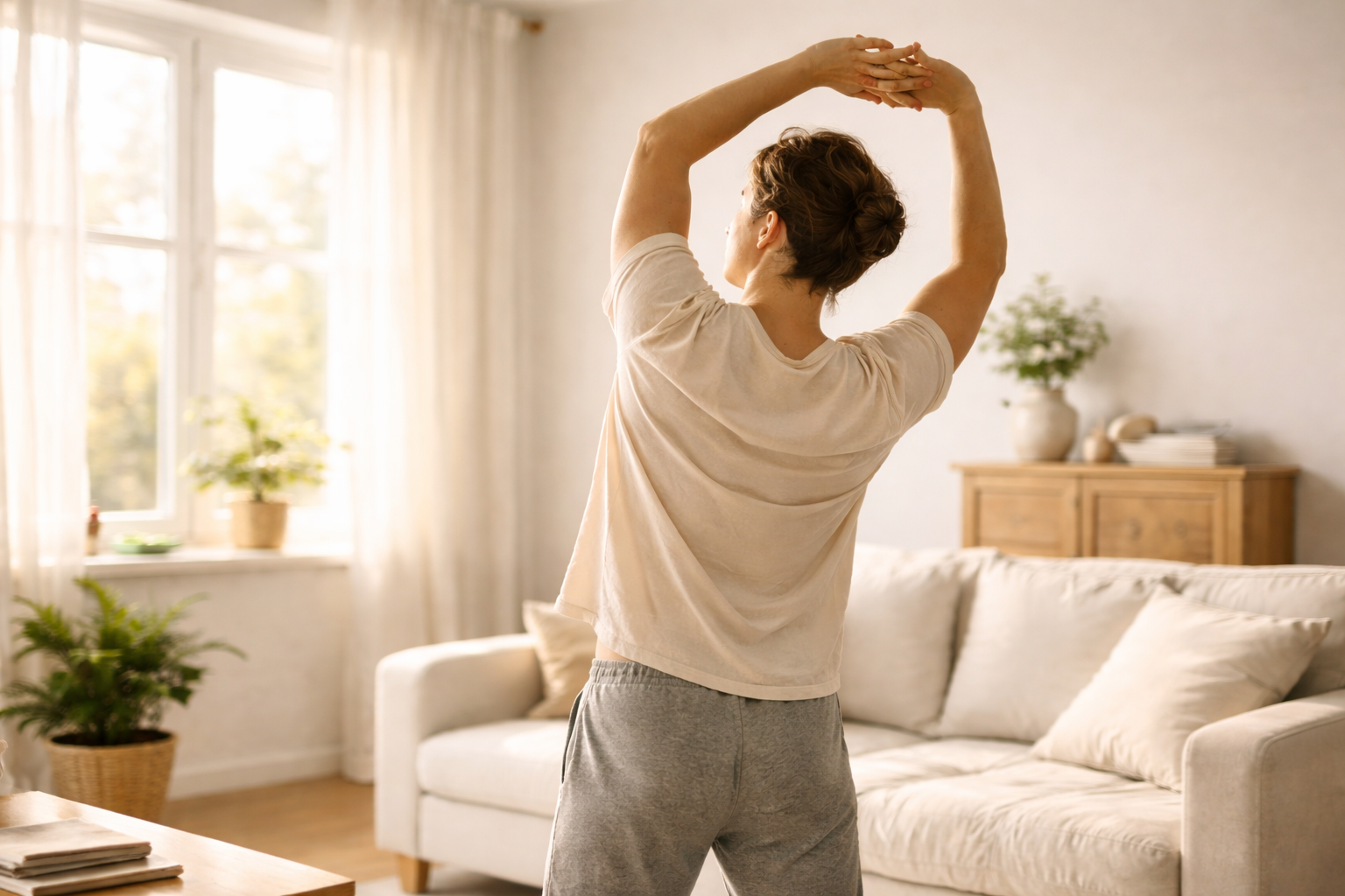 Light stretching during a 7-minute morning routine to boost energy and focus