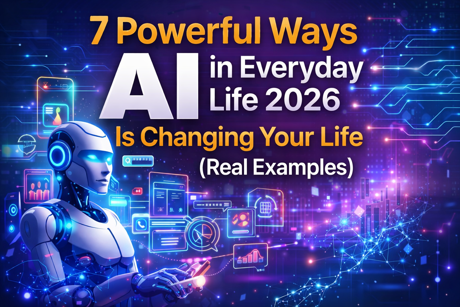 AI in everyday life 2026 featured image showing a futuristic AI assistant and digital technology icons