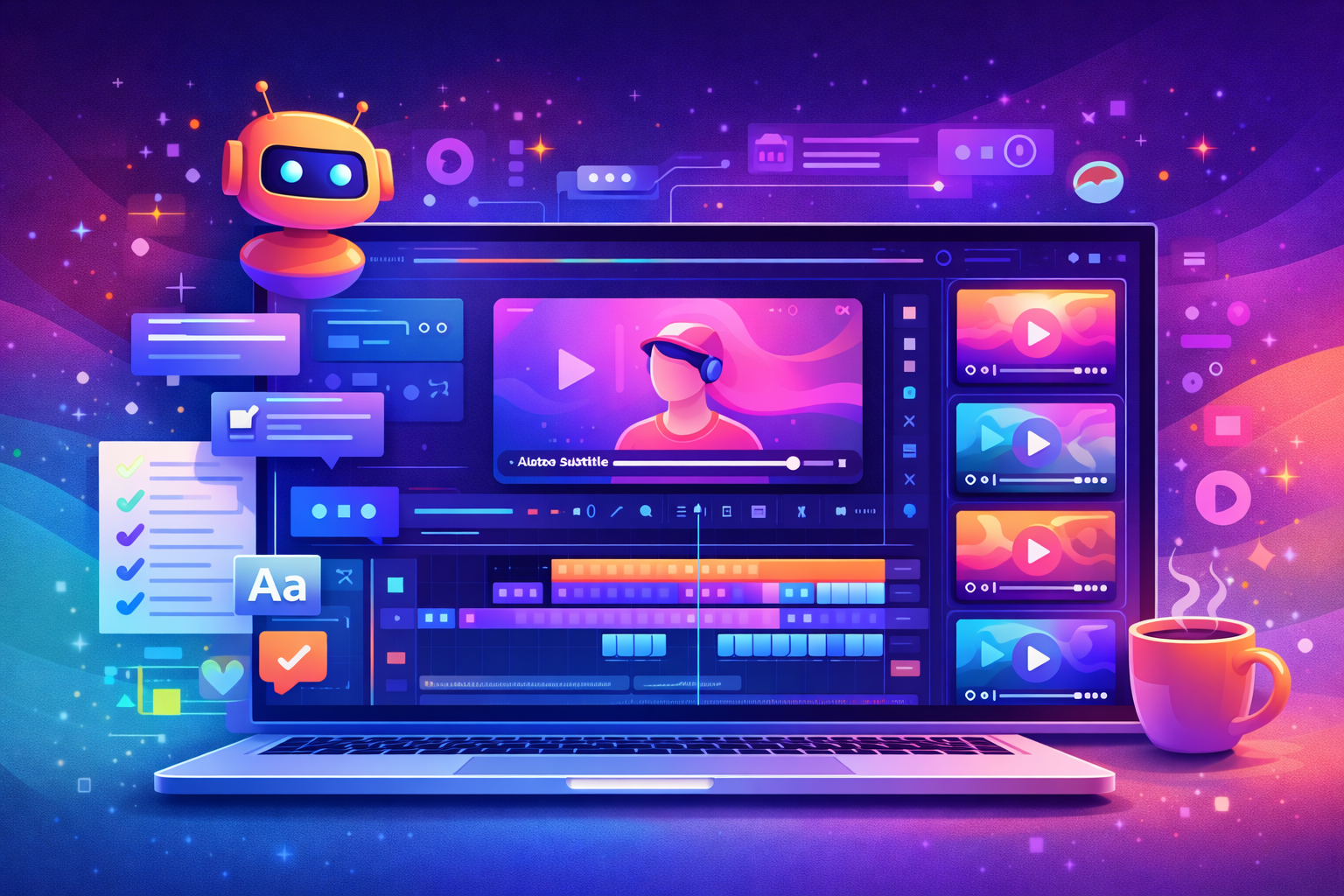AI video editing dashboard with timeline, auto subtitles, and short clips for content creators