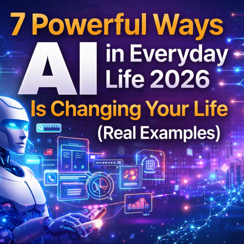 AI in everyday life 2026 featured image showing a futuristic AI assistant and digital technology icons